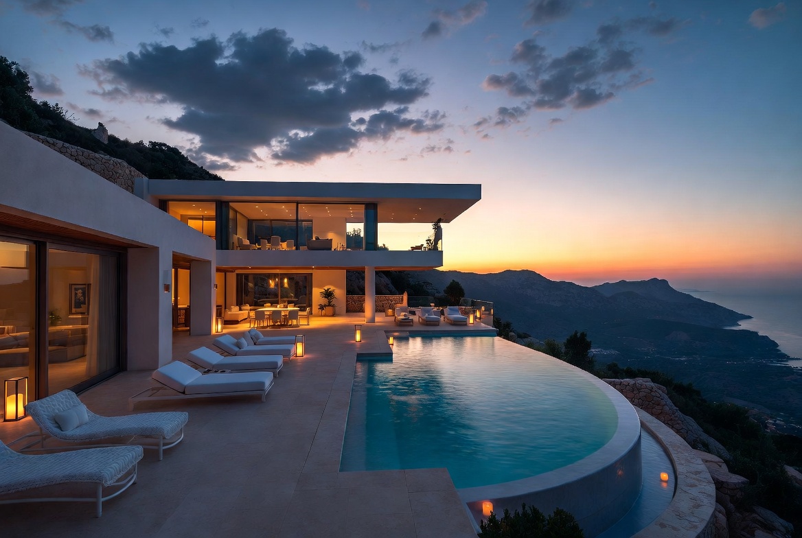 Luxury villa with infinity pool at dusk